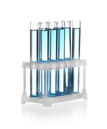 Test tubes with blue liquid isolated on white. Laboratory glassware