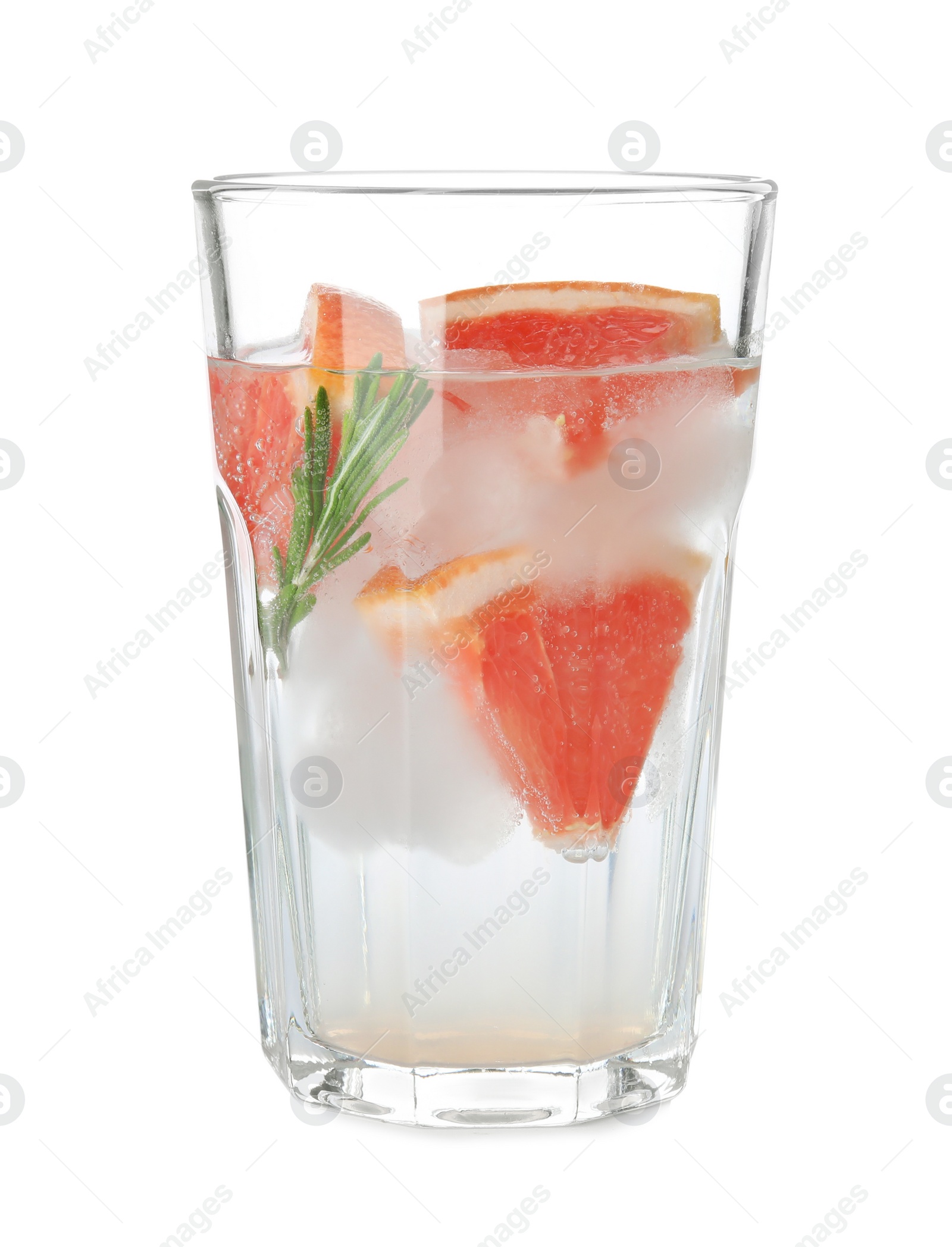 Photo of Glass of infused water with grapefruit slices isolated on white