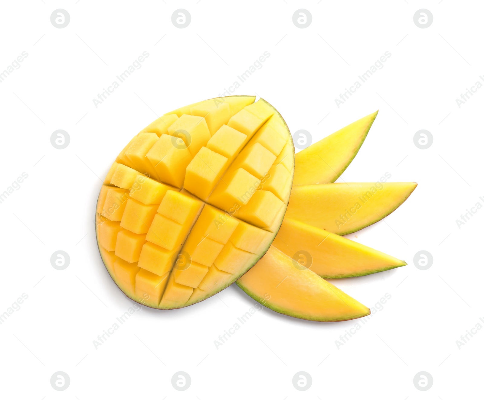 Photo of Cut ripe mango on white background, top view. Tropical fruit