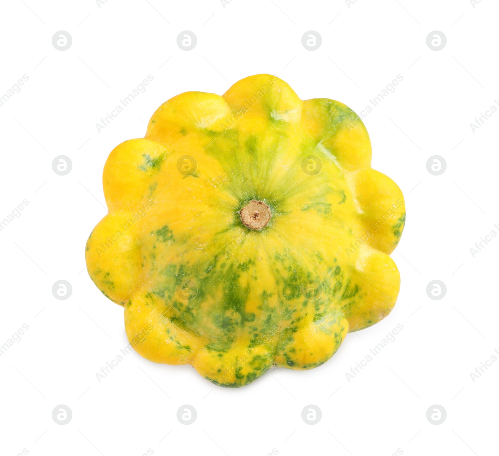 Photo of Fresh ripe yellow pattypan squash isolated on white, top view