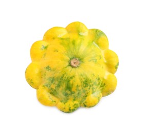 Photo of Fresh ripe yellow pattypan squash isolated on white, top view