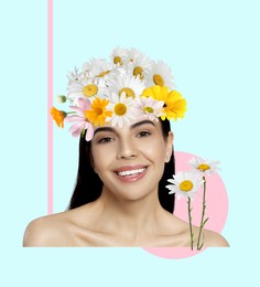 Image of Young woman with beautiful flowers on color background. Stylish creative collage design