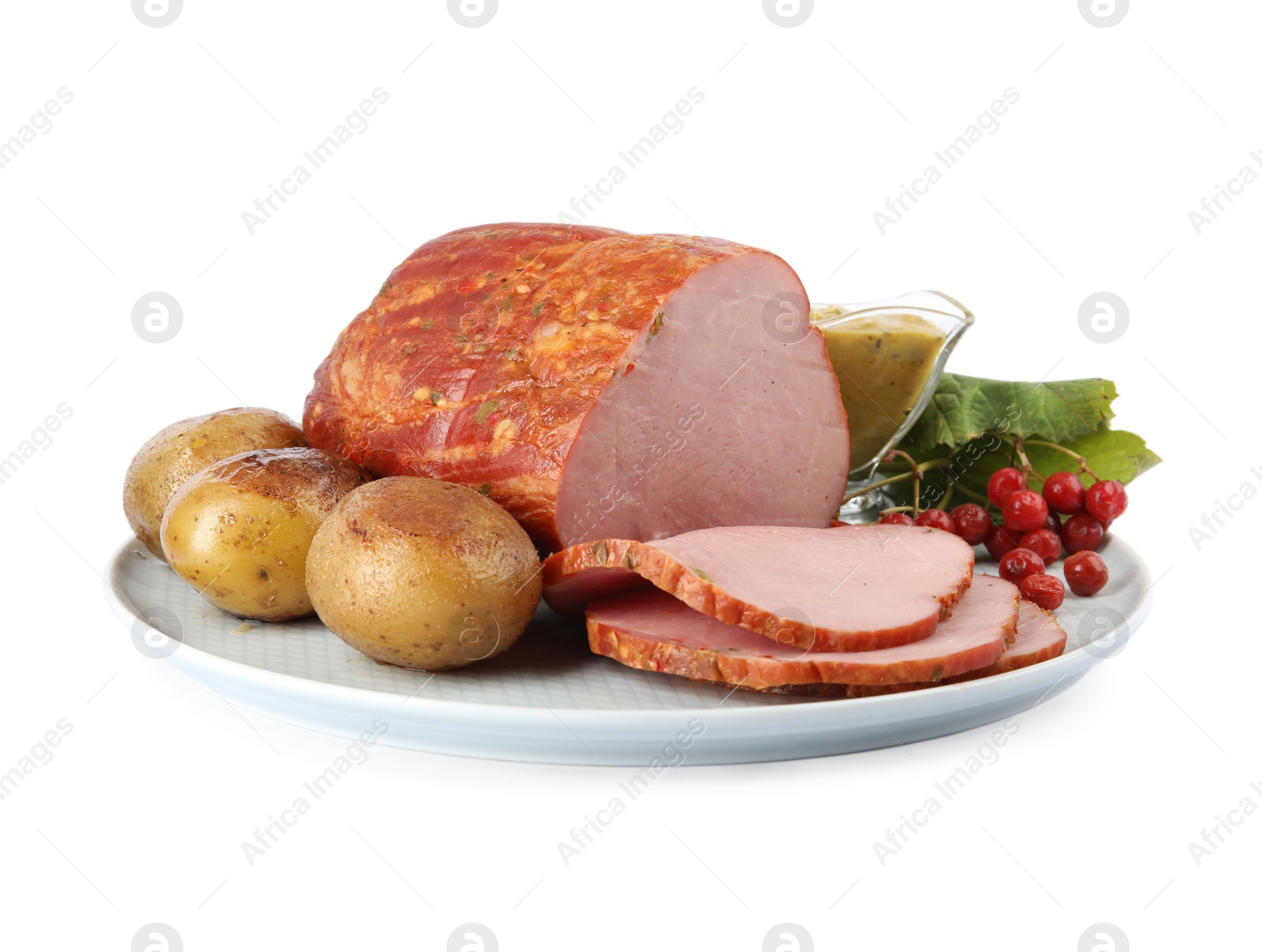 Photo of Delicious ham served for Christmas dinner on white background