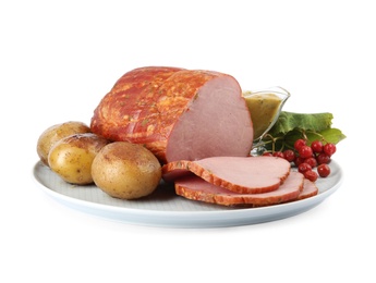 Delicious ham served for Christmas dinner on white background