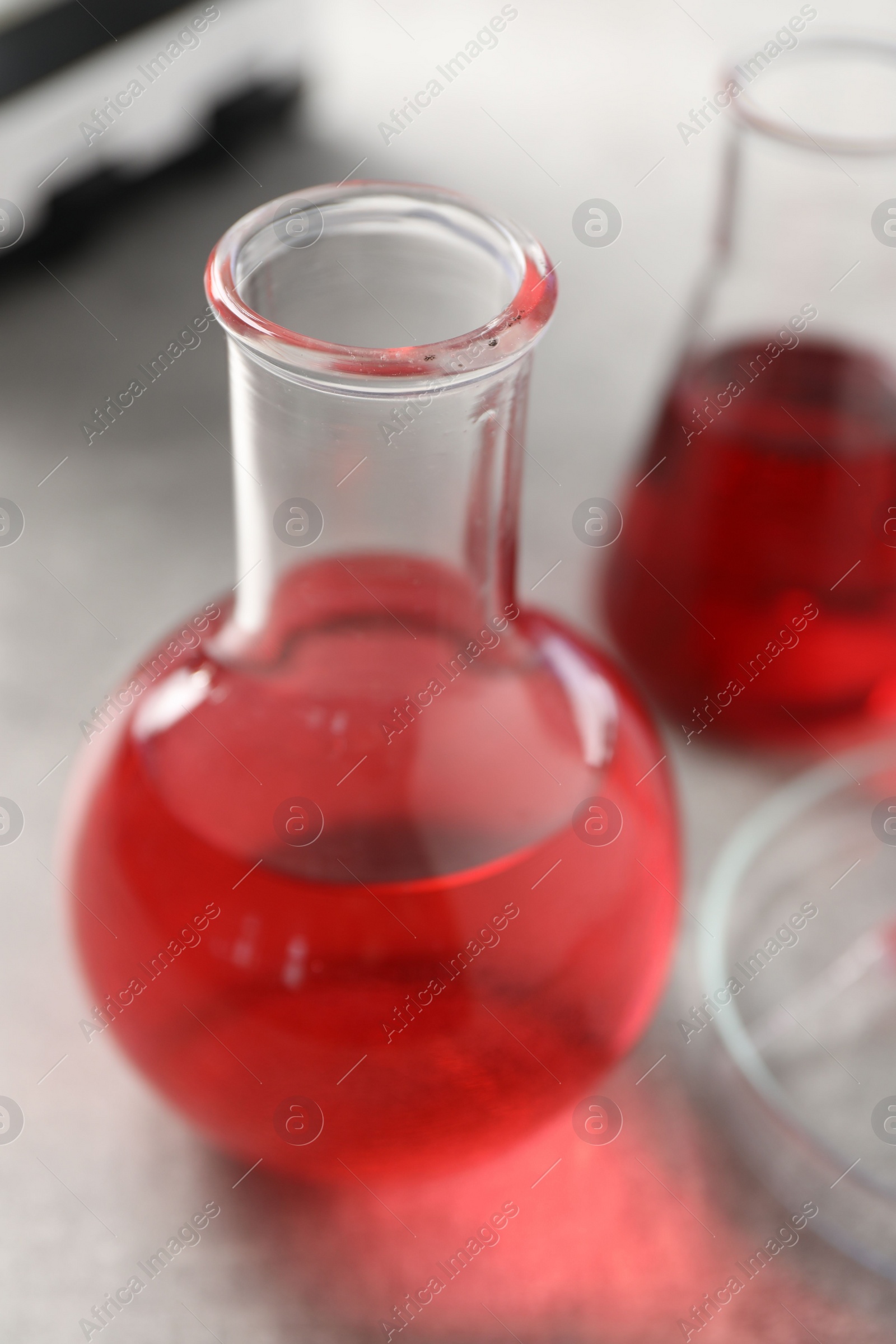 Photo of Laboratory analysis. Flasks with red liquid on light grey table, closeup