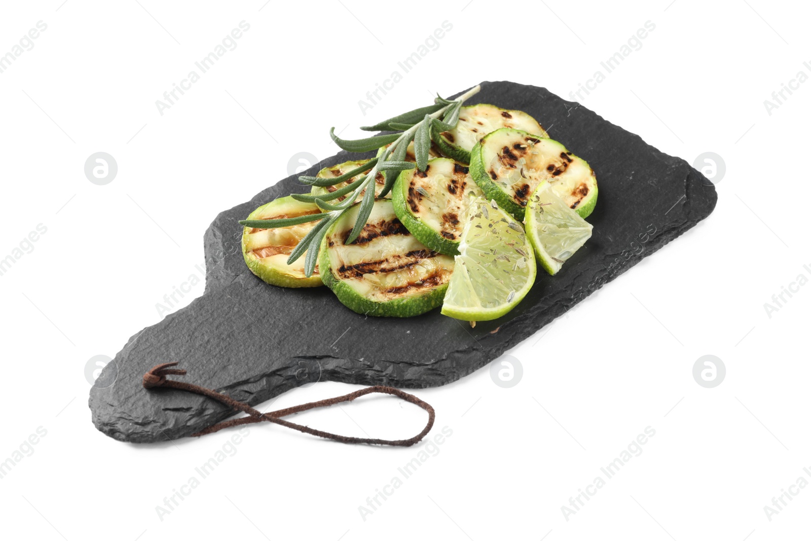 Photo of Delicious grilled zucchini slices served with lime and rosemary on white background