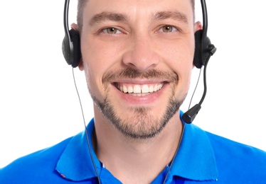 Photo of Male technical support operator with headset on white background