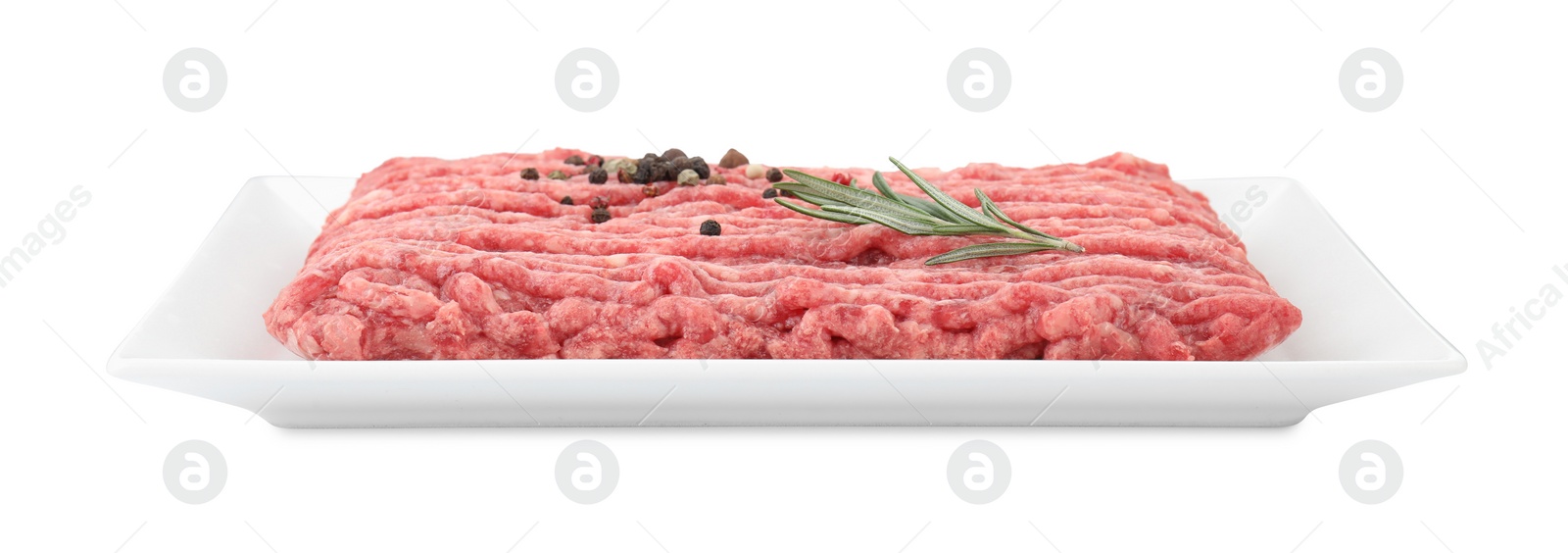 Photo of Raw ground meat, rosemary and peppercorns isolated on white