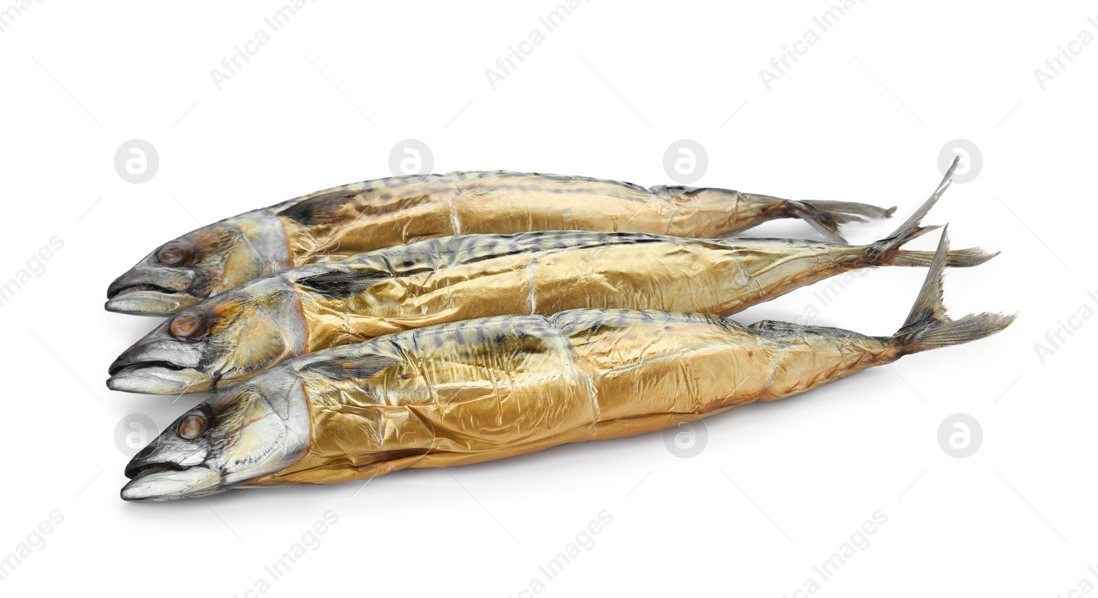 Photo of Delicious smoked mackerels isolated on white. Seafood product