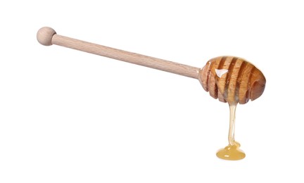 Photo of Natural honey dripping from dipper on white background