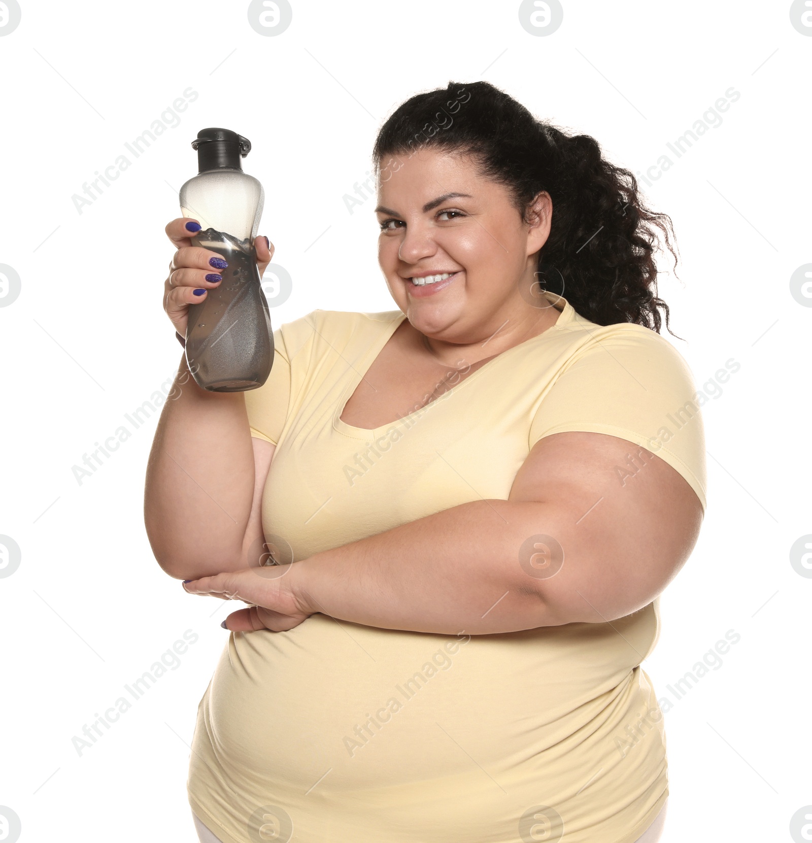 Photo of Overweight woman with bottle of water on white background