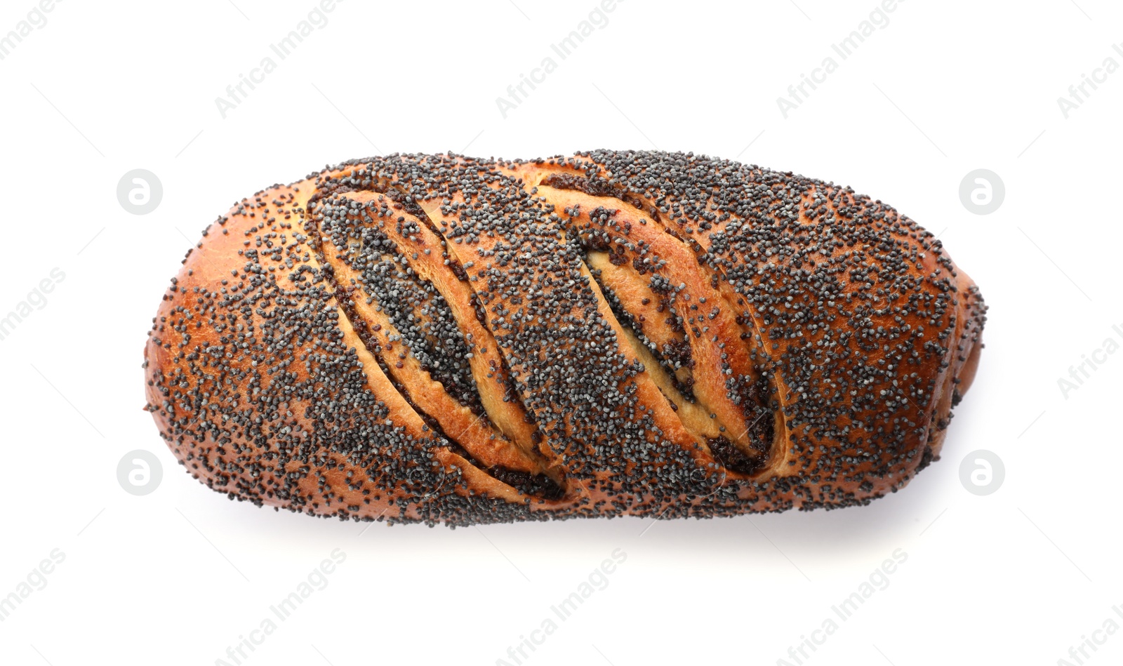 Photo of Freshly baked poppy seed roll isolated on white, top view