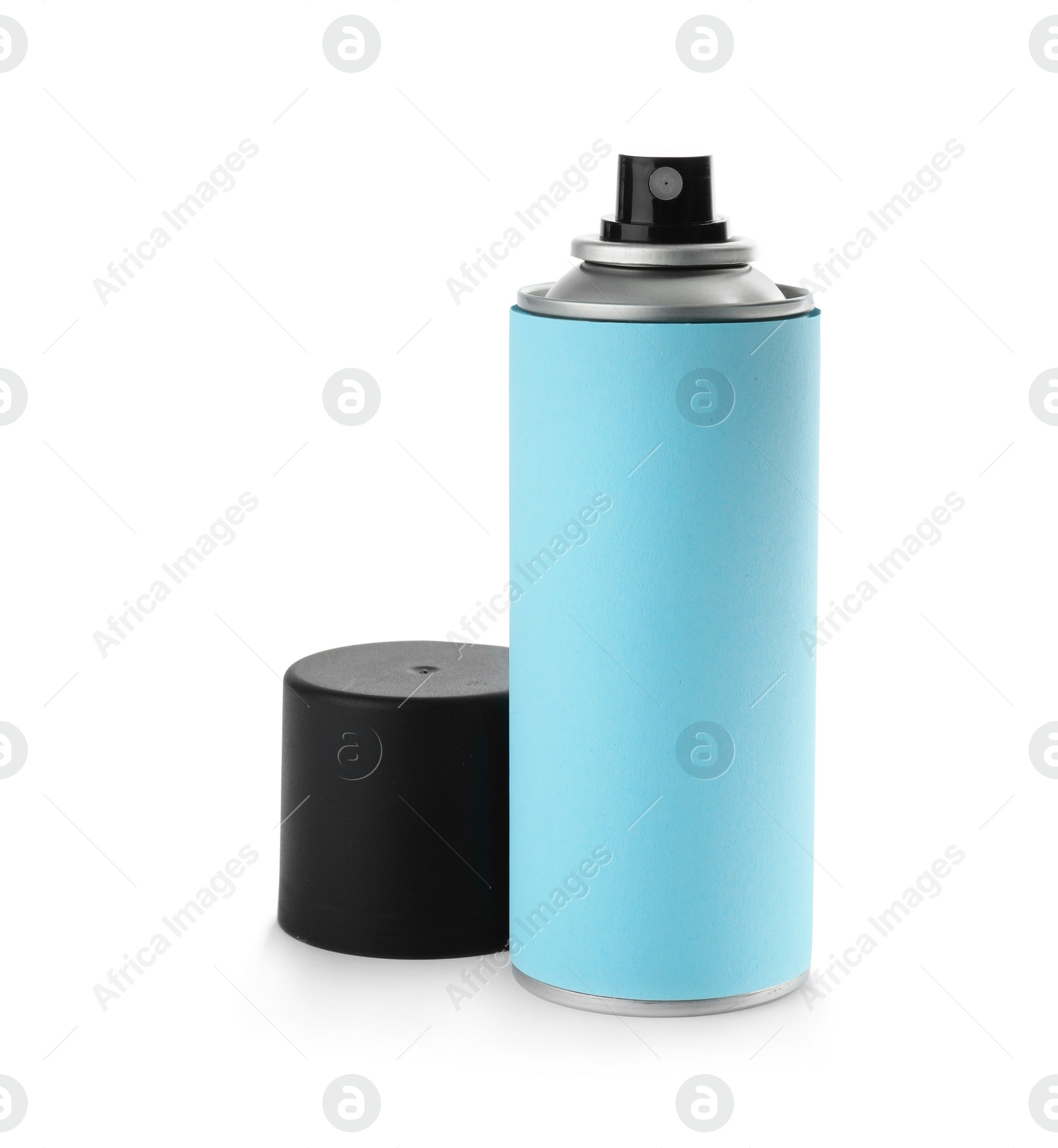 Photo of Open bottle of spray deodorant on white background