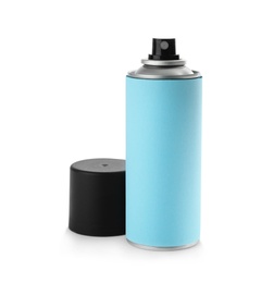 Photo of Open bottle of spray deodorant on white background