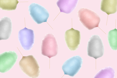 Image of Collage with cotton candy on pale pink background, pattern design