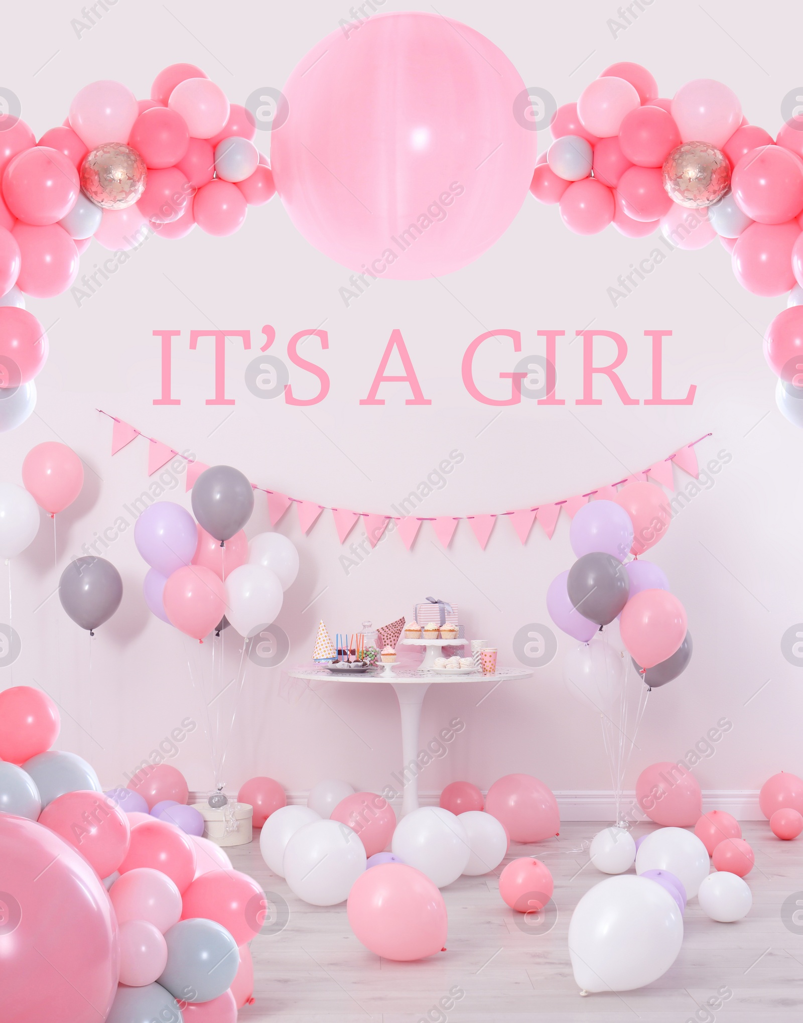 Image of Baby shower party for girl. Tasty treats in room decorated with balloons