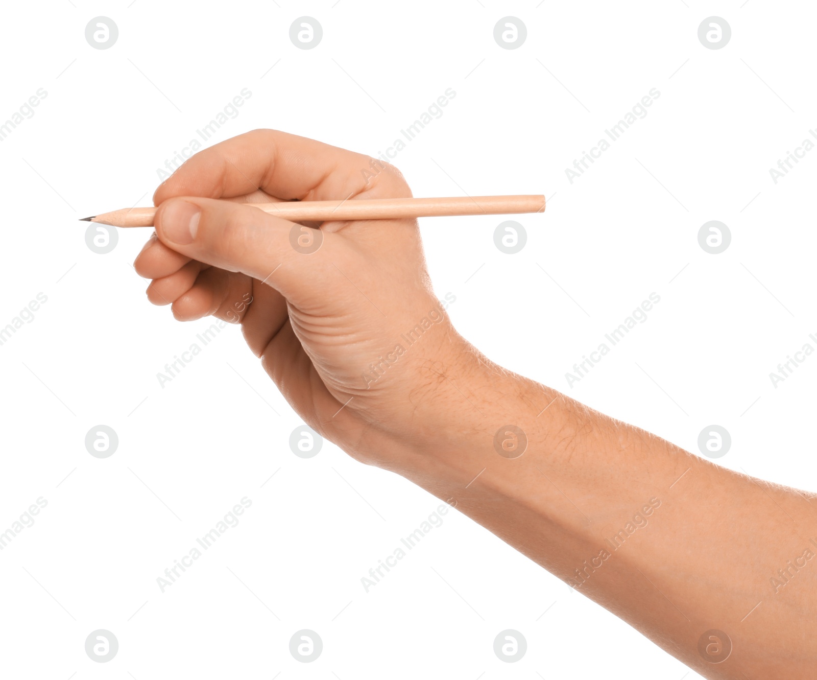 Photo of Man holding ordinary pencil on white background, closeup