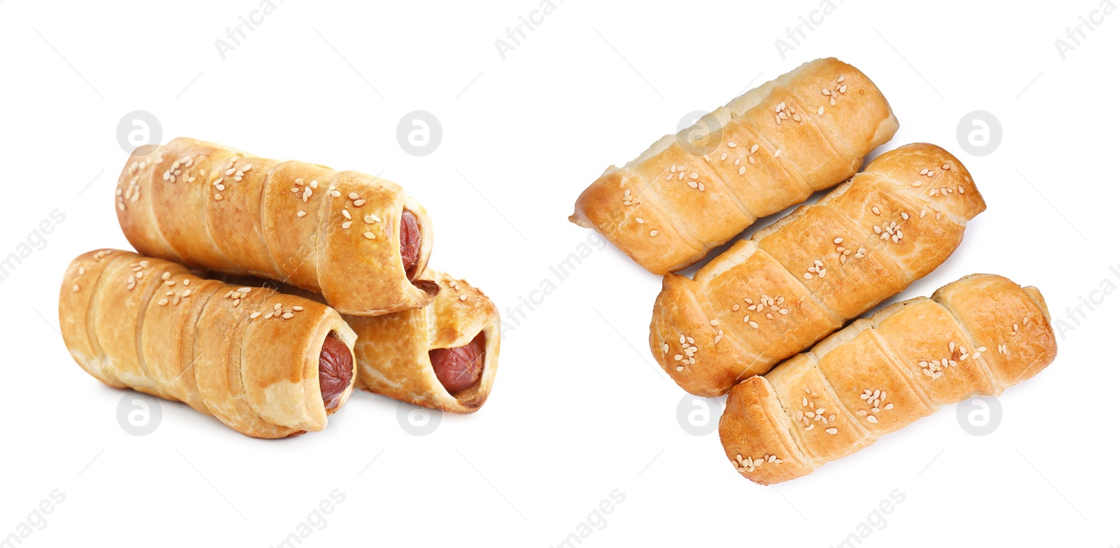 Image of Collage of tasty sausages in dough on white background