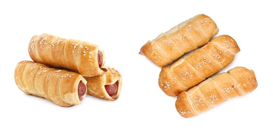 Collage of tasty sausages in dough on white background