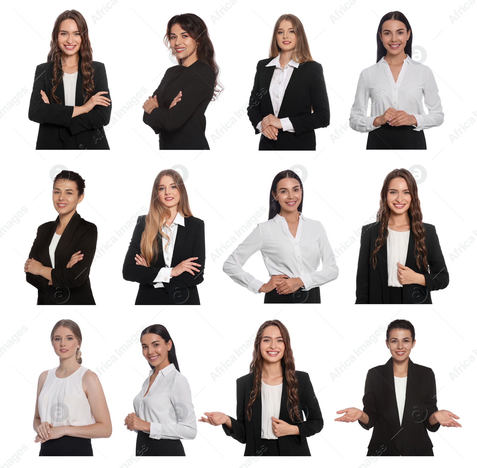 Image of Collage with photos of hostess in uniform on white background