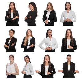 Collage with photos of hostess in uniform on white background