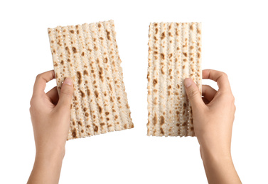 Photo of Woman with Matzo on white background, closeup. Pesach (Passover) celebration