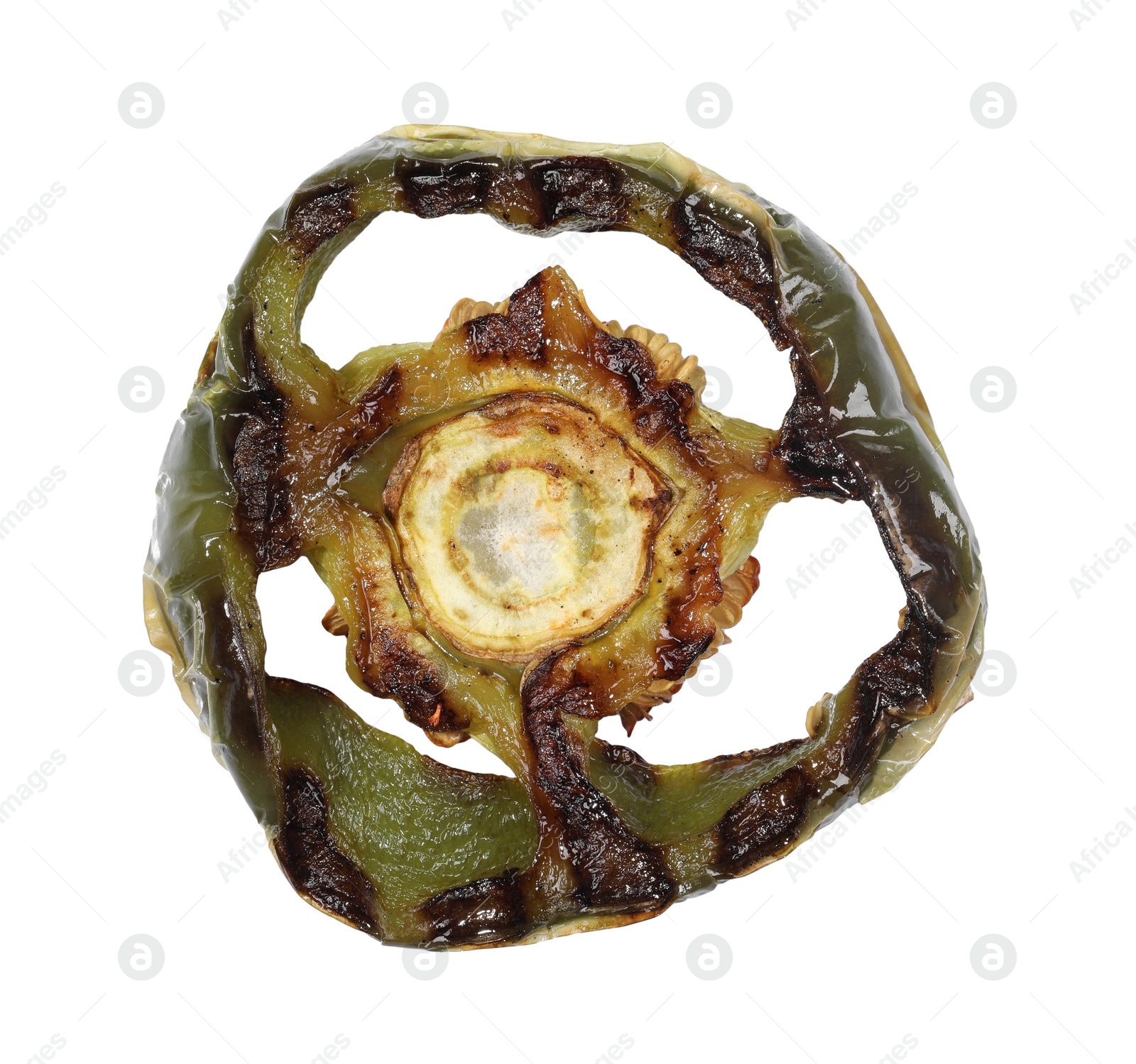 Photo of Slice of grilled green chili pepper isolated on white, top view