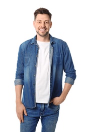 Portrait of handsome man posing on white background