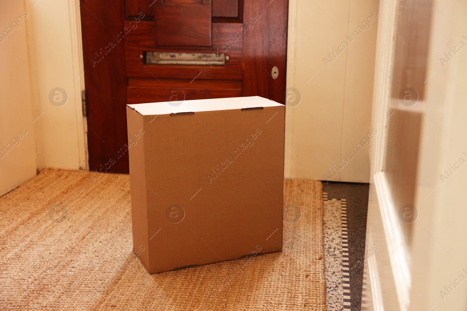 Photo of Delivery service. Cardboard on rug near wooden door indoors