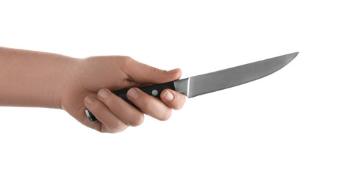 Photo of Woman holding knife on white background, closeup