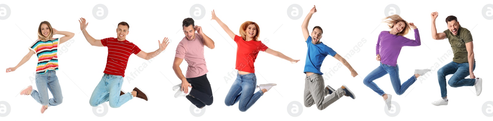 Image of Collage of emotional people jumping on white background. Banner design