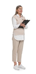 Senior woman with clipboard on white background