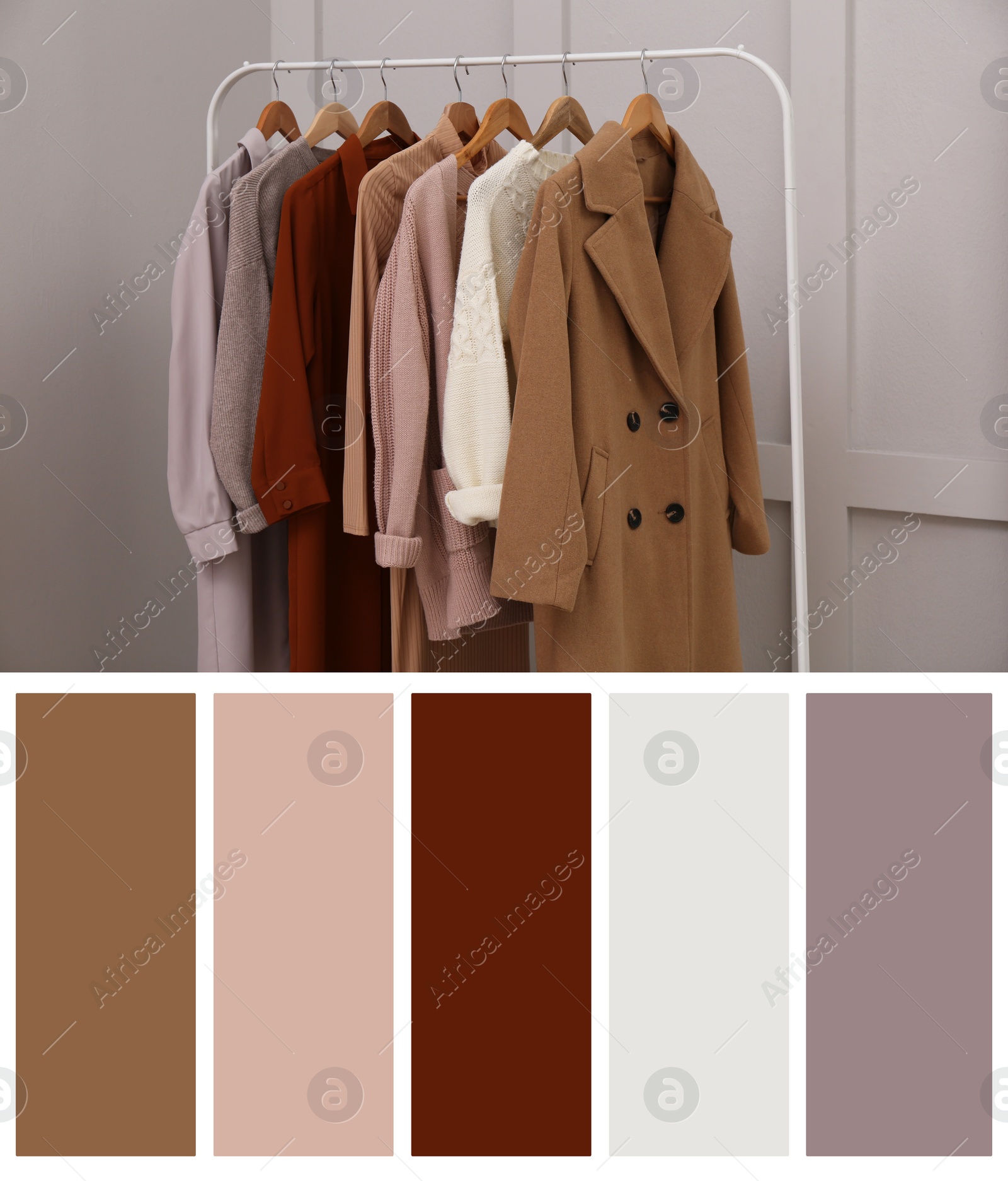 Image of Color palette appropriate to photo of stylish women's clothes on rack in room