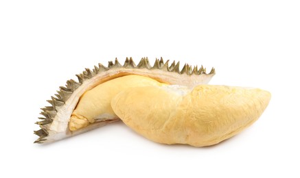 Pieces of fresh ripe durian on white background