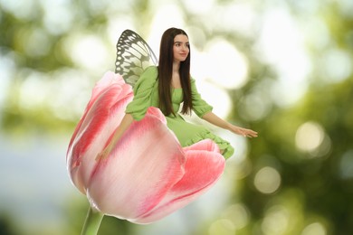 Flower fairy. Beautiful woman with butterfly wings in pink tulip