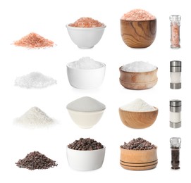 Set with different kinds of salt on white background 