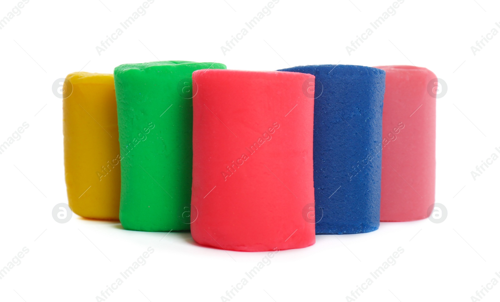 Photo of Different colorful play dough on white background