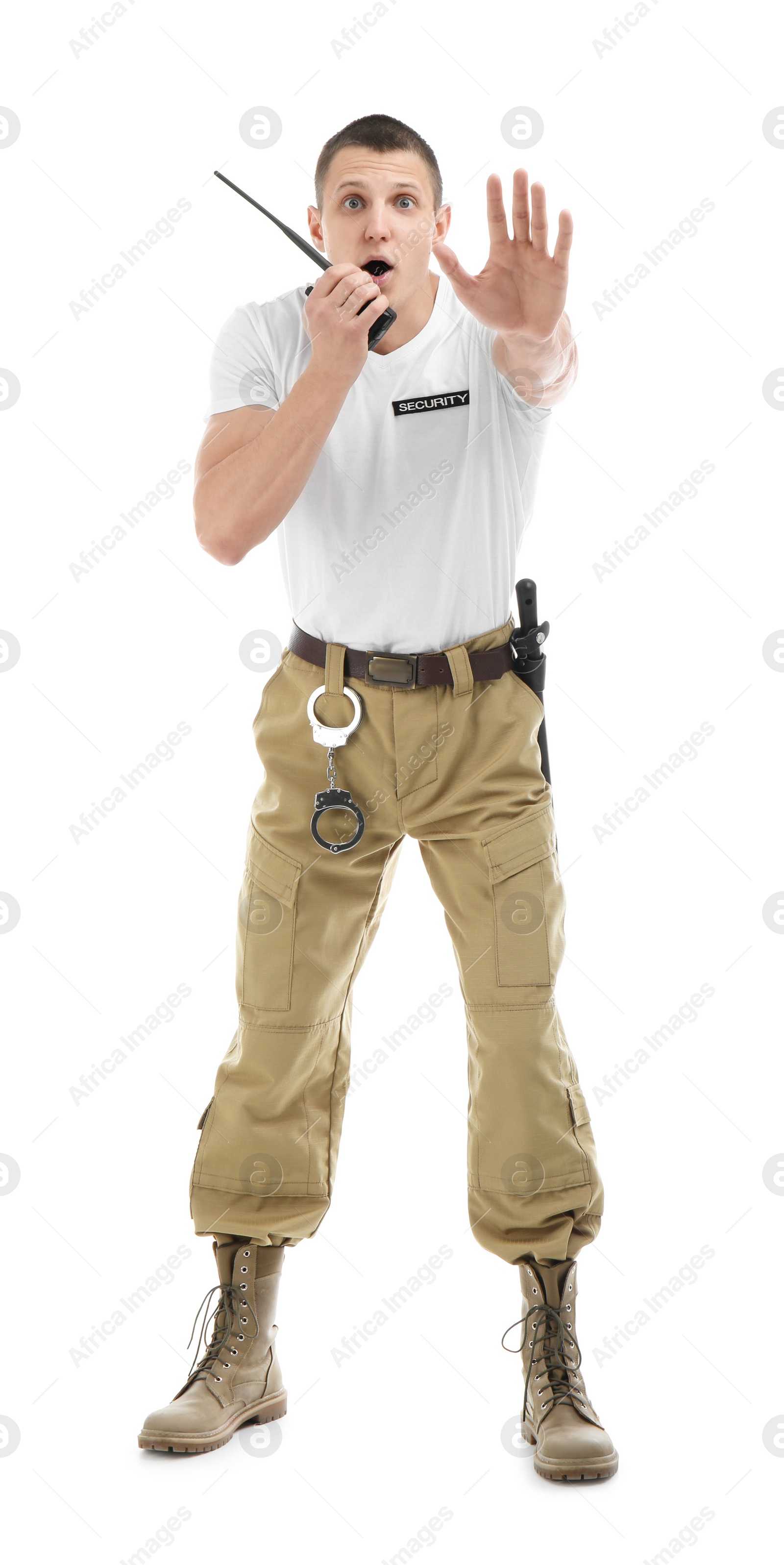 Photo of Male security guard using portable radio transmitter on white background