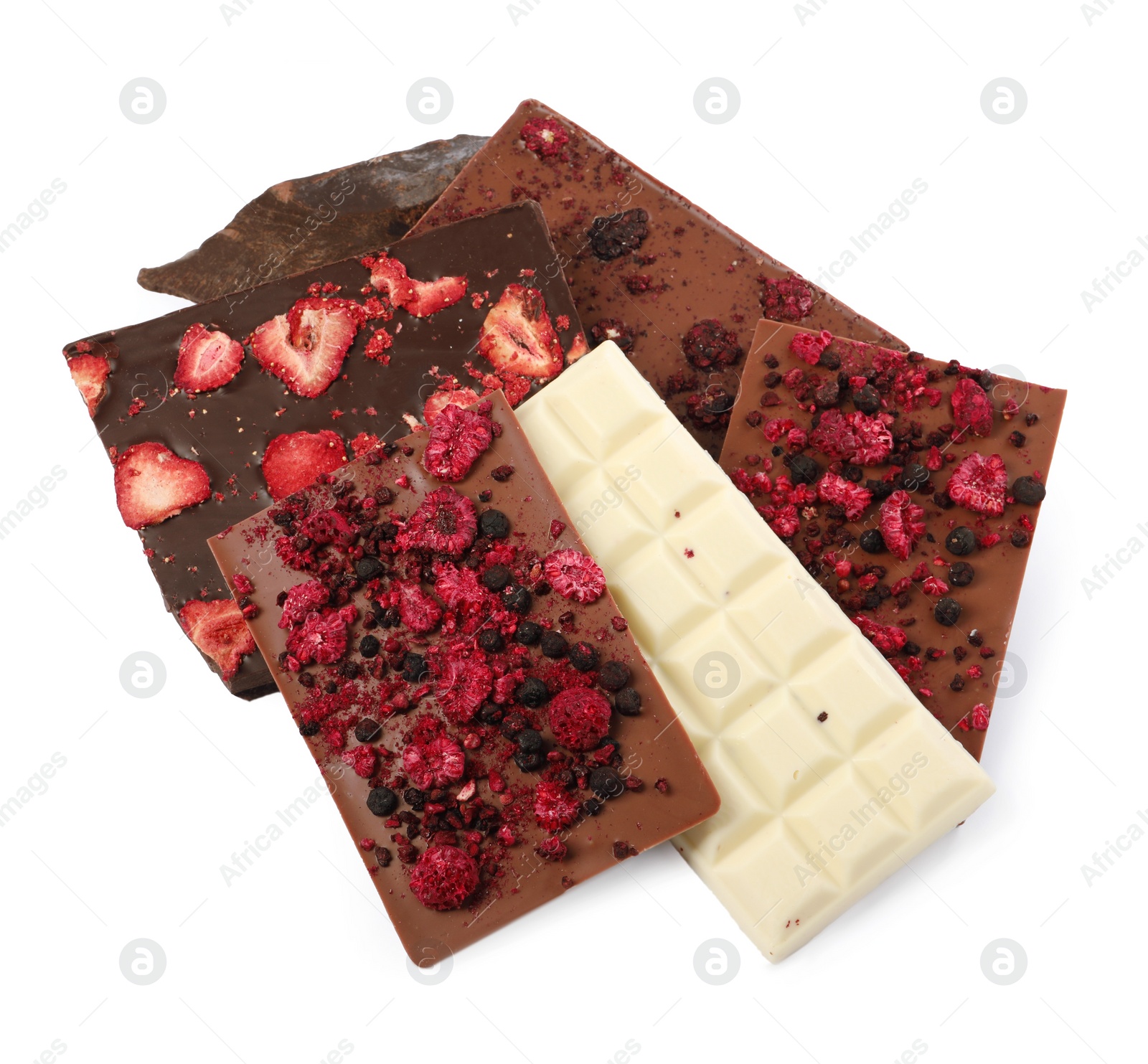 Photo of Chocolate bar with freeze dried berries on white background