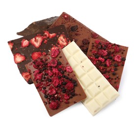 Chocolate bar with freeze dried berries on white background