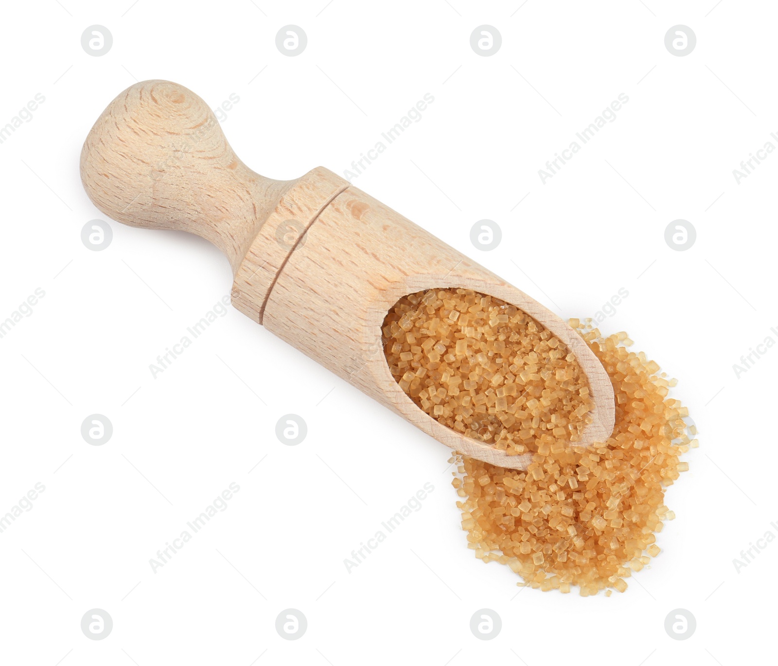 Photo of Brown sugar in scoop isolated on white, top view