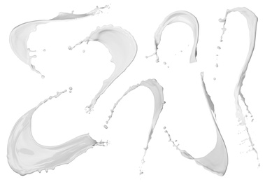 Image of Set with abstract splashes of milk on white background 