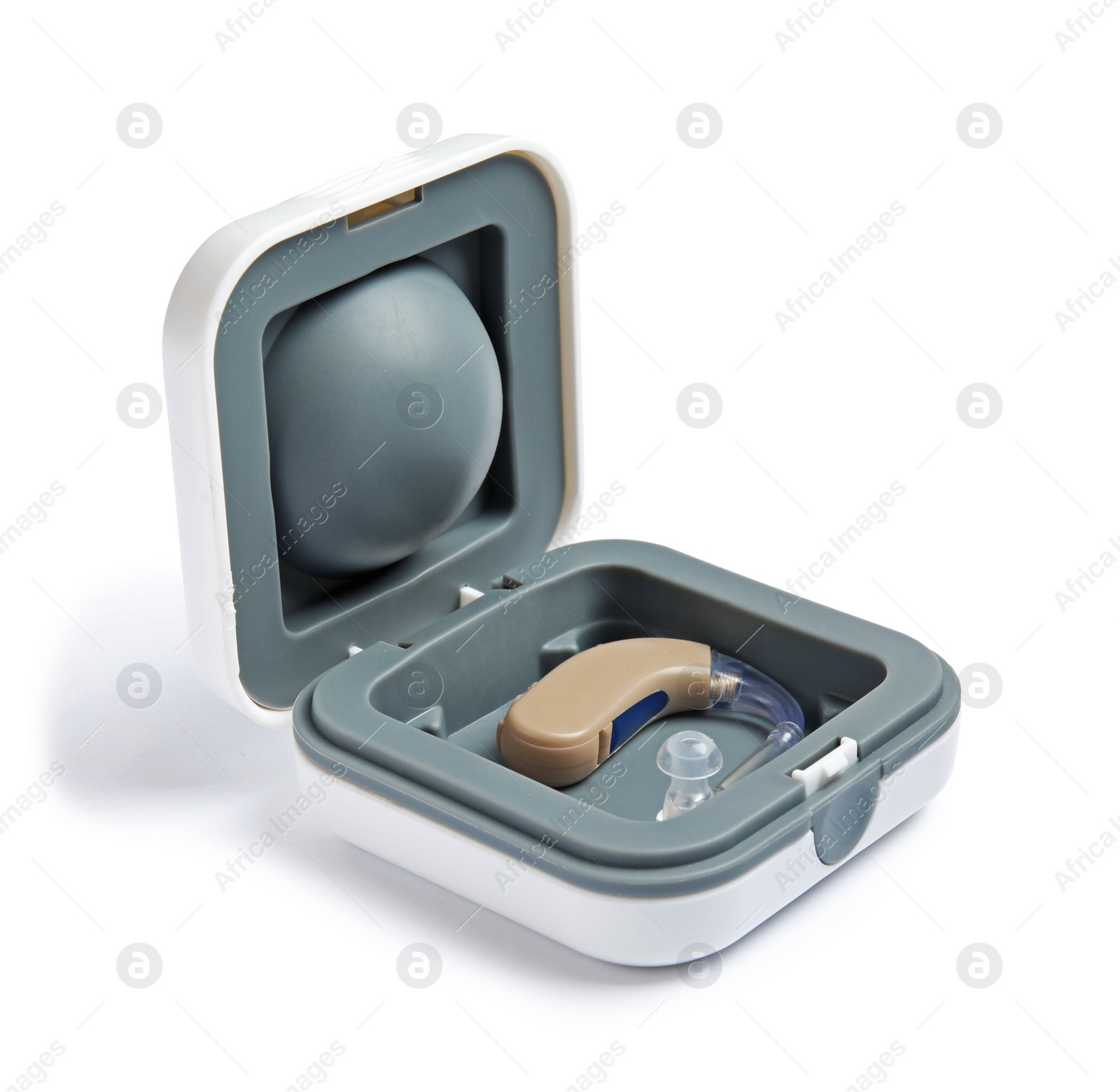 Photo of Case with hearing aid on white background