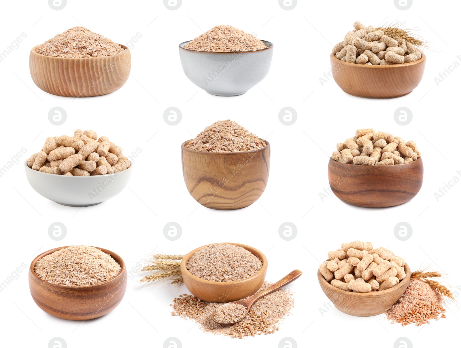 Image of Set with wheat bran on white background