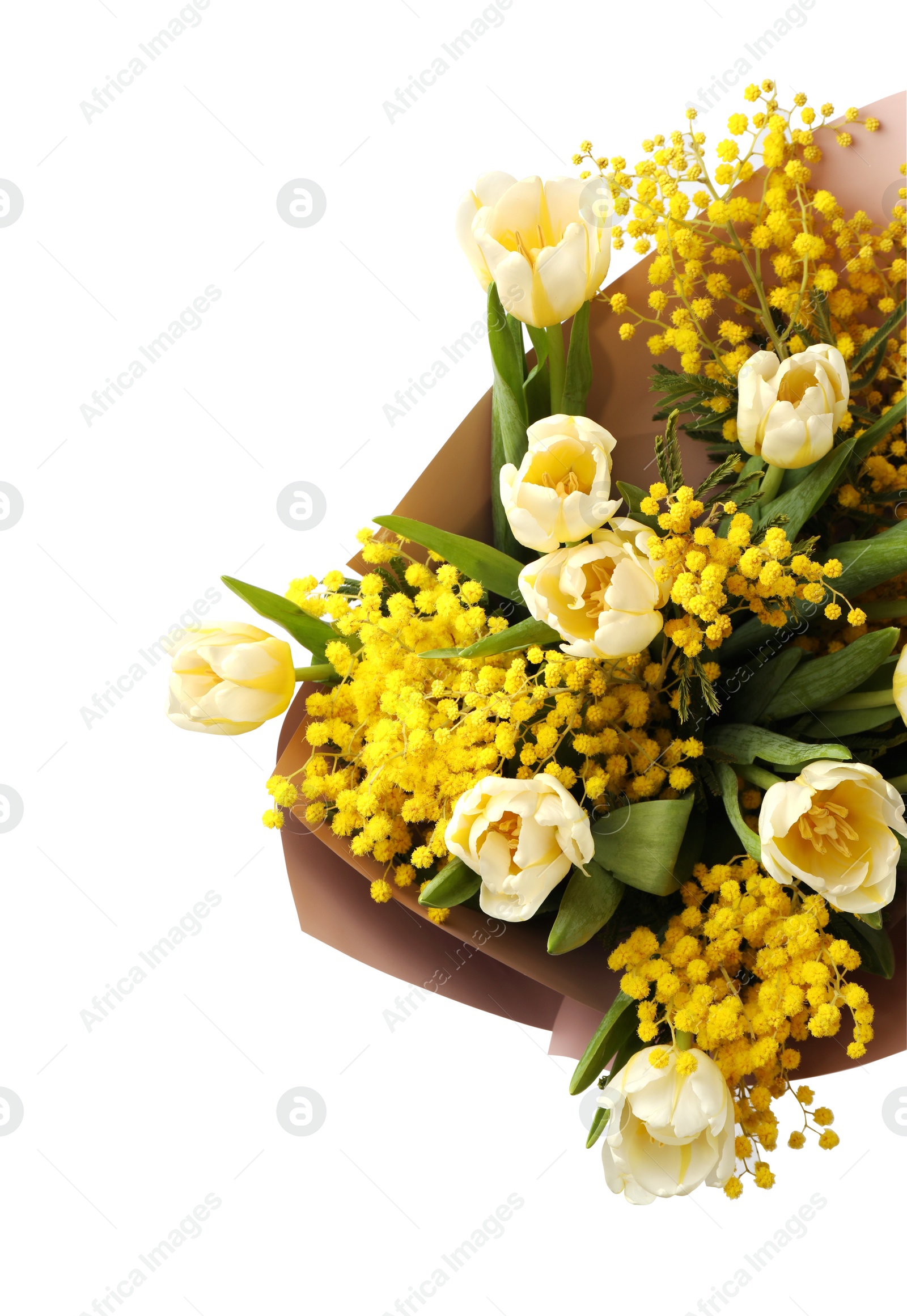 Photo of Bouquet of beautiful spring flowers isolated on white, top view