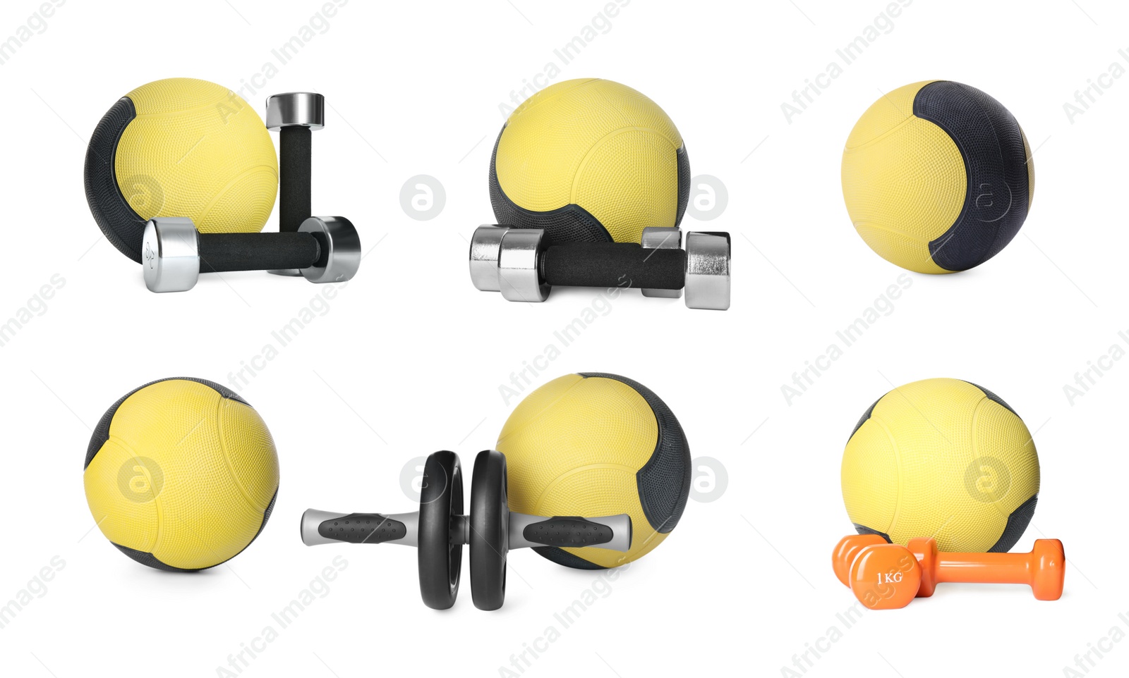 Image of Set with medicine balls and dumbbells on white background 