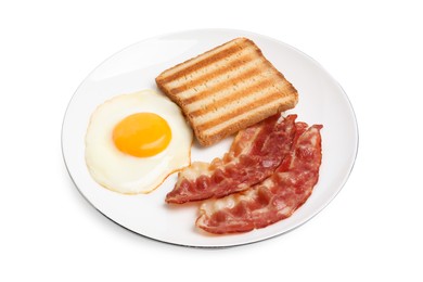 Photo of Plate with delicious fried egg, bacon and toast isolated on white