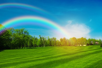 Picturesque view of green meadow and beautiful rainbows in blue sky on sunny day