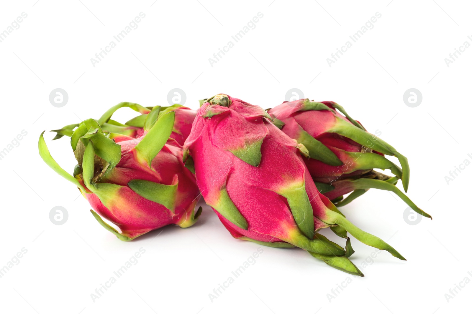 Photo of Delicious pink dragon fruits (pitahaya) on white background