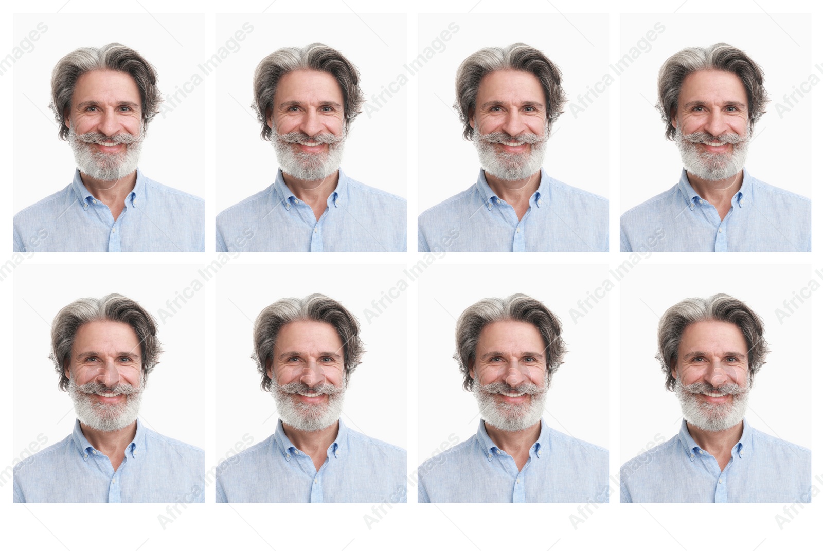 Image of Passport photo, collage. Man on white background, set of photos